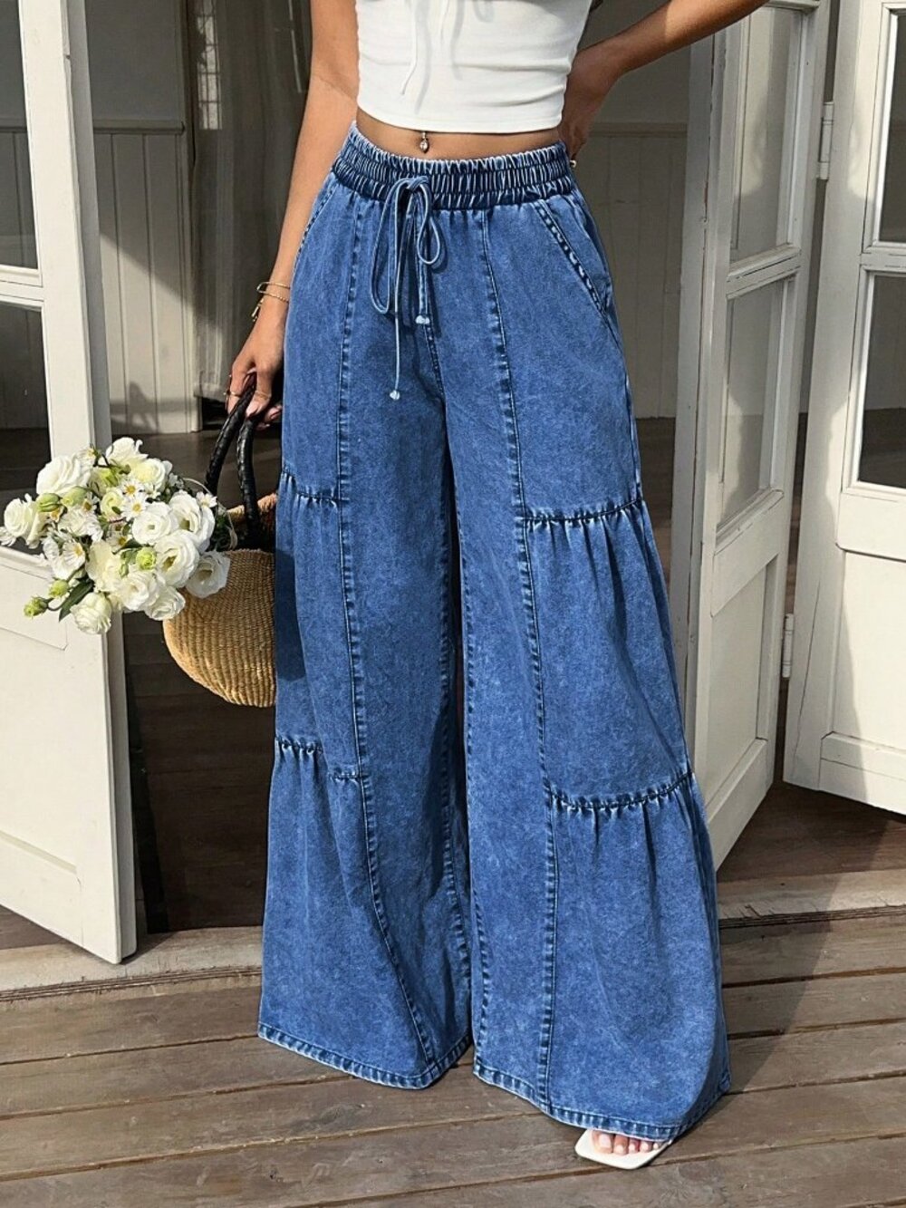 Blue Casual Women's Elastic Waist Wide Leg Jeans - Picture 6 of 6